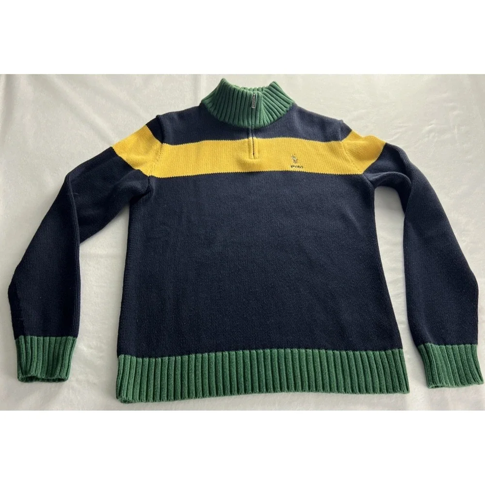 Polo Ralph Lauren Quarter Zip Sweater Boys XL Navy Yellow‎ Green Striped A33